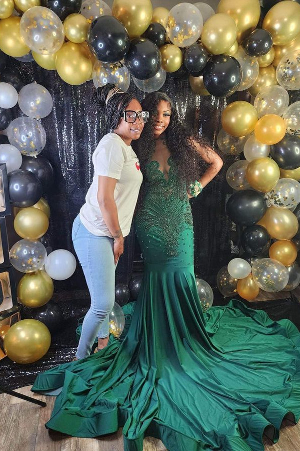 Emerald Green Evening Dress with Appliques Long Mermaid Style Rhinestone Embellishments