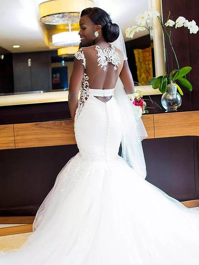 Bmbride Elegant Mermaid Trumpet Wedding Dresses with V Neck Chapel Train Lace Tulle Overlay Satin Regular Straps and Sexy Backless