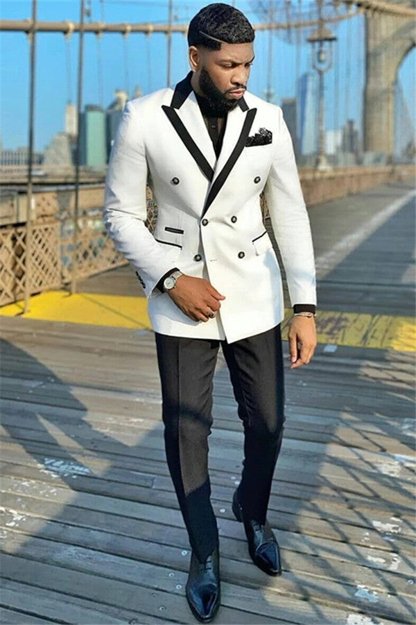 Koscy Fashionable White Double-Breasted Peaked Lapel Wedding Suit