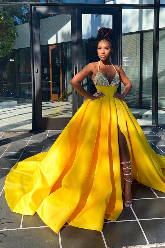 Yellow Halter V Neck Mermaid Long Pleated Evening Dress