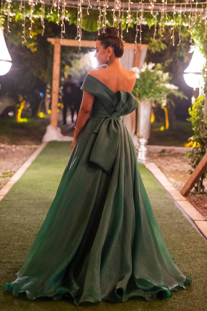 Evening Dress Dark Green Strapless One Shoulder Mermaid with Front Split and Bowknot