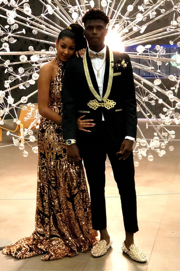 Koscy Modern Black Bespoke Prom Suit with Gold Lapel Button Party Knitted