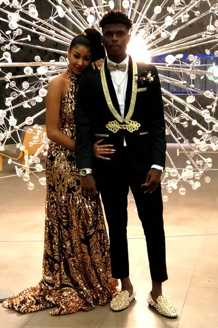 Koscy Modern Black Bespoke Prom Suit with Gold Lapel Button Party Knitted