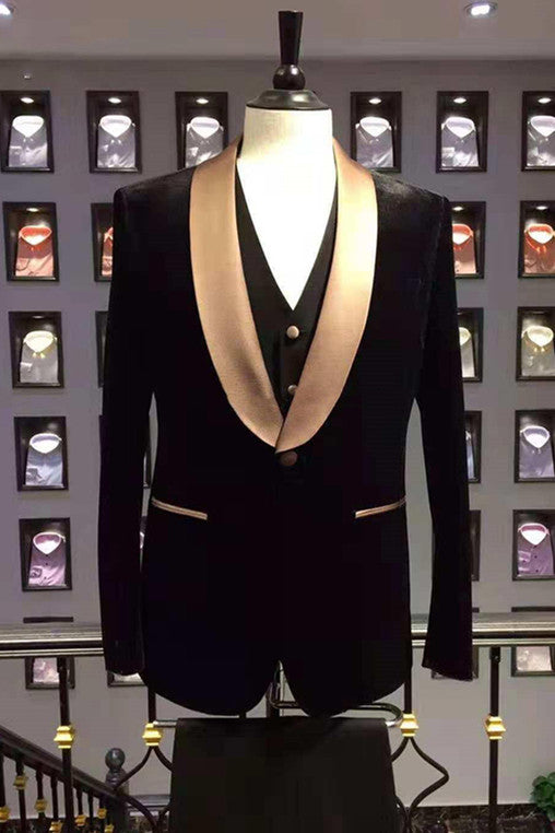 Koscy Popular Black Wedding Suit with Champagne Shawl Lapel for Men’s Events