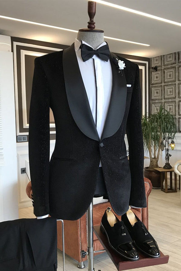 Koscy Gentle Black Shawl Lapel Wedding Suit with One Button and Easy Fit