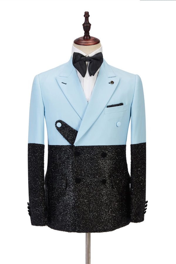 Koscy Glamorous Black Peak Lapel Sky Blue Sparkle Two-Piece Evening Suit