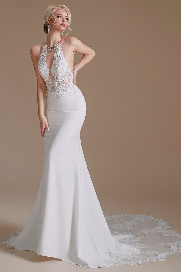 Bmbride Long Mermaid Halter Backless Satin Wedding Dresses with Appliques Lace