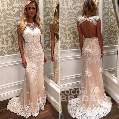 Bmbride White Lace Appliques Mermaid Tulle Beach Wedding Dress