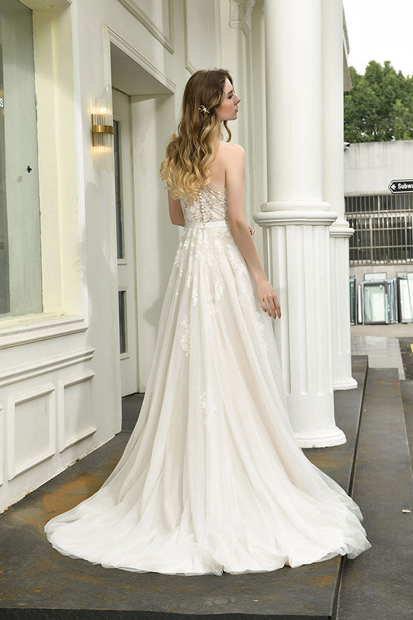 Bmbride Elegant One Shoulder Tulle Lace A-Line Wedding Dress