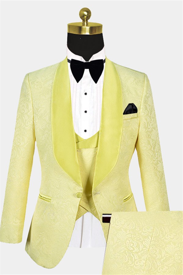 Koscy Yellow Jacquard Morning Suit - Three Pieces Notch Collar