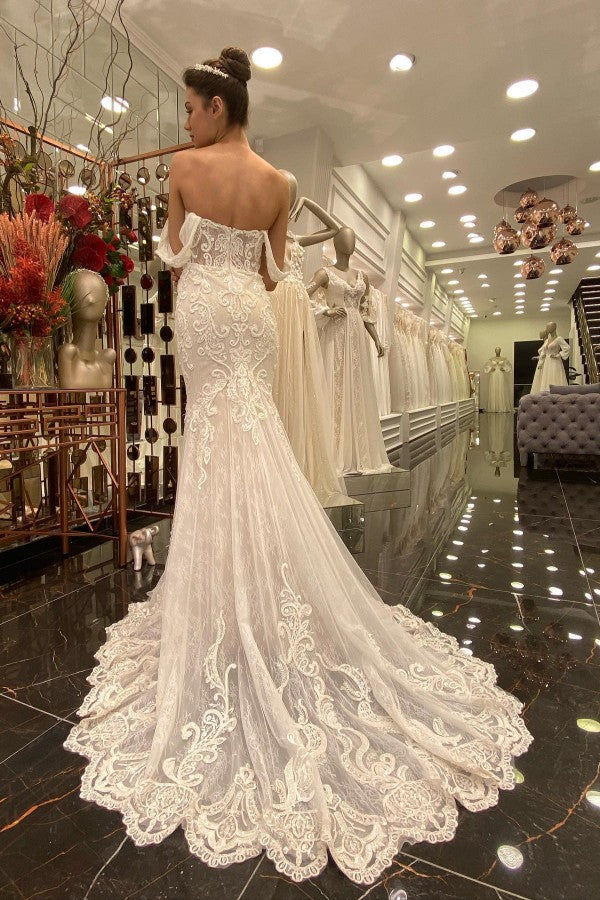 Bmbride Long Mermaid Off-the-shoulder Tulle Lace Wedding Dress
