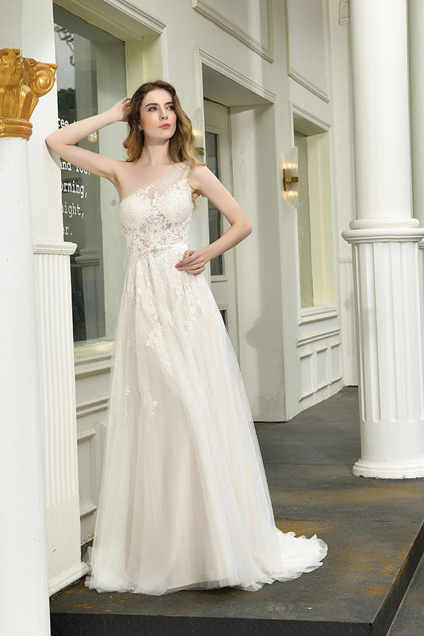 Bmbride Elegant One Shoulder Tulle Lace A-Line Wedding Dress