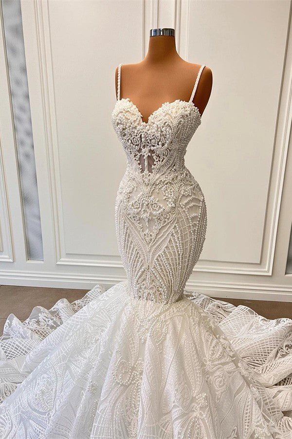 Bmbride Long Mermaid Sweetheart Tulle Lace Wedding Dress with Ruffles