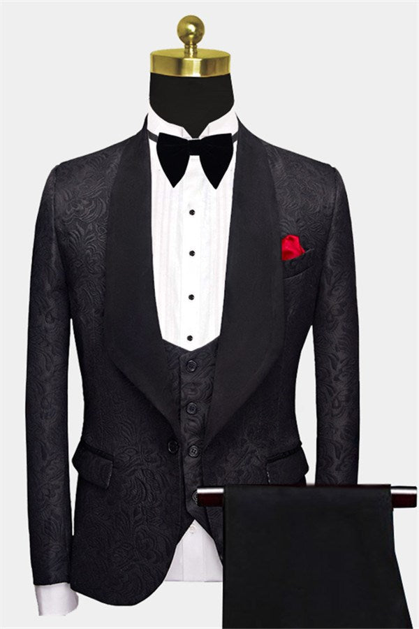 Koscy Business Black Three-Piece Jacquard Wedding Suit for Men
