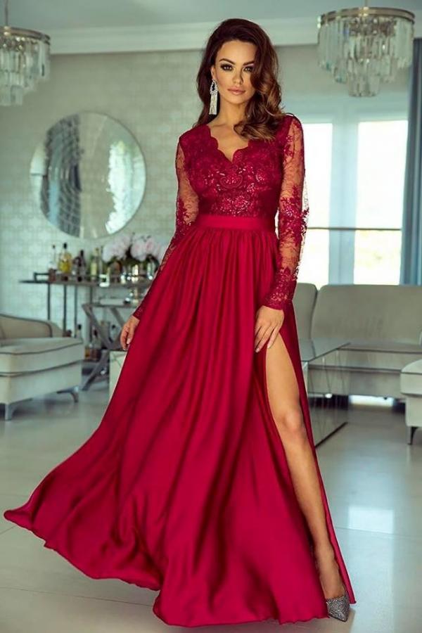 V-Neck Lace Prom Dress With Slit