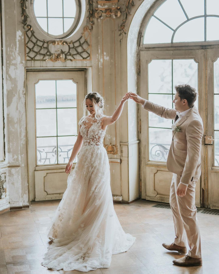 Bmbride Long A-line Boho Wedding Dress with Tulle and Lace Appliques