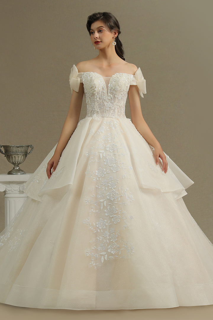 Bmbride Elegant Off-the-Shoulder Tulle Lace Ball Gown Luxury Wedding Dresses