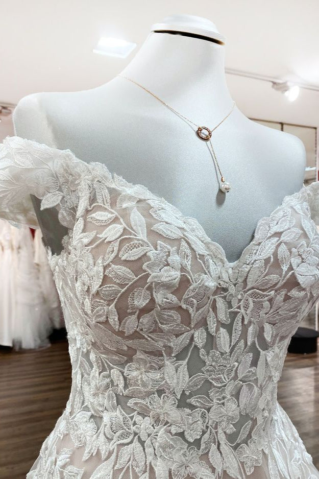Bmbride Long A-line Off-the-Shoulder Tulle Lace Ruffles Wedding Dress