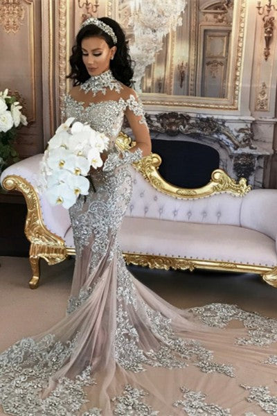 Bmbride Luxury Wedding Dresses - High Neck Long Sleeve Silver Lace Mermaid