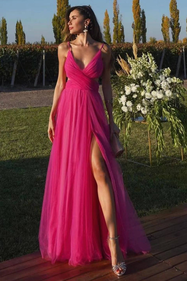 Fuchsia Spaghetti-Straps Tulle Prom Dress A Line With Split