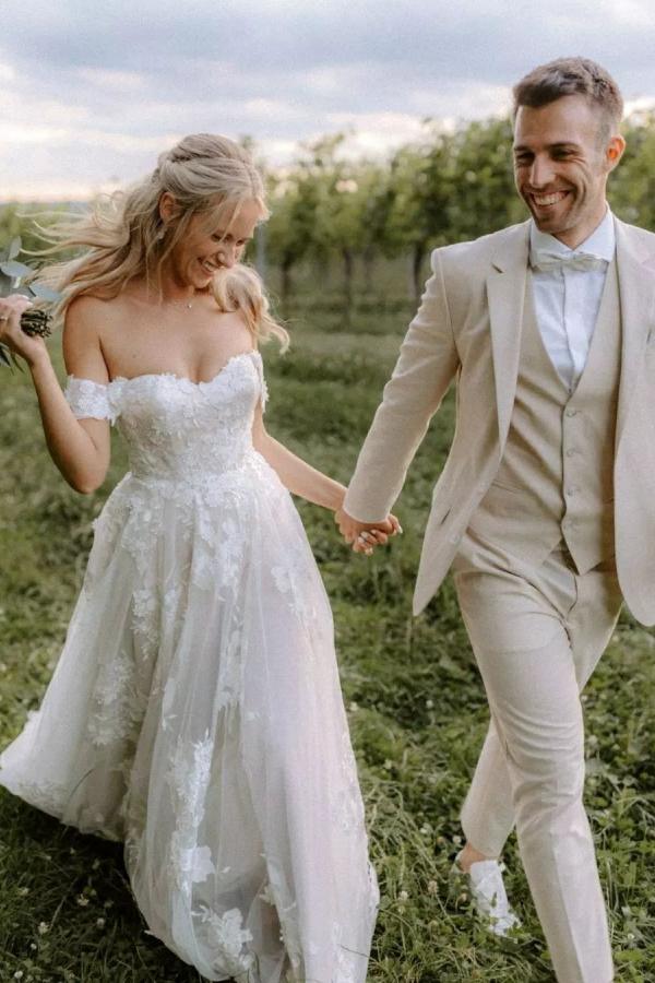Bmbride Long A-line off the shoulder Tulle Floral Lace Wedding Dress