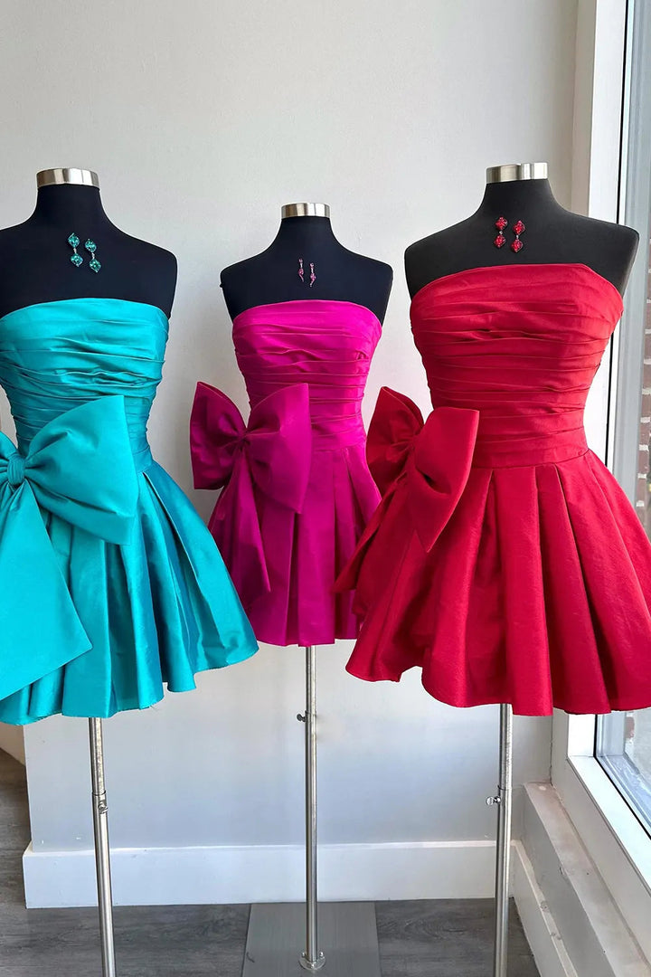 Koscy A-Line Strapless Pleated Party Dress with Bow