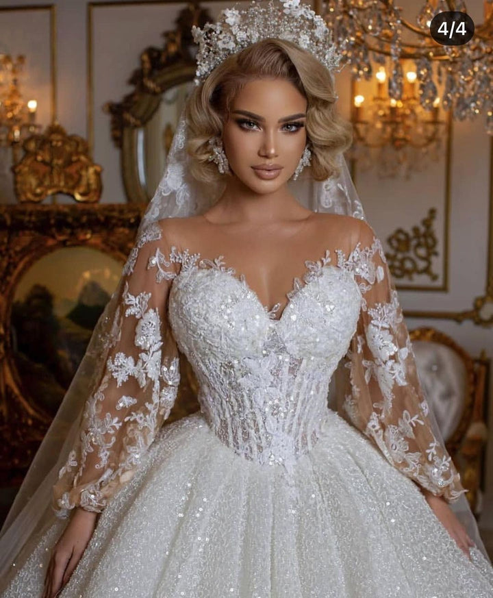Bmbride Luxury Long Ball Gown Glitter Wedding Dress with Puffy Sleeves