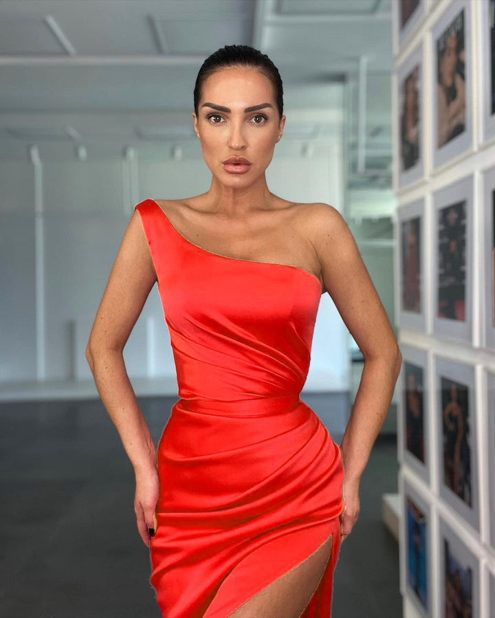 One Shoulder Sleeveless Rose Evening Dress With Slit