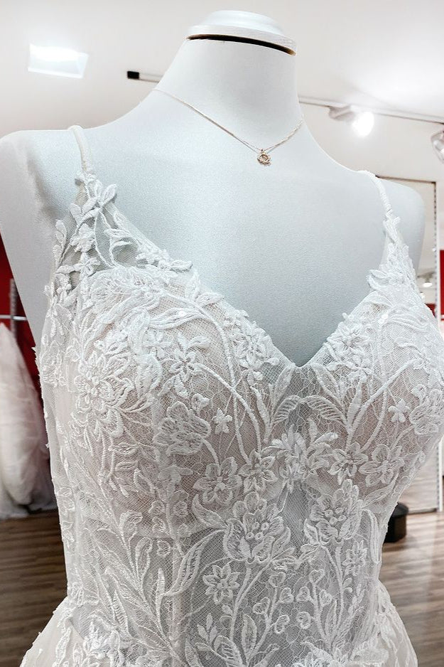 Bmbride Elegant Long A-Line V-Neck Tulle Spaghetti Straps Lace Bridal Gown
