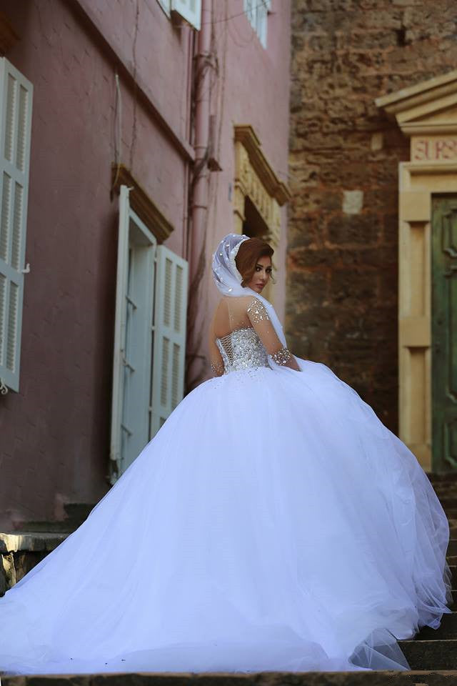 Bmbride Ball Gown Wedding Dress with Long Sleeves Crystals and Beading