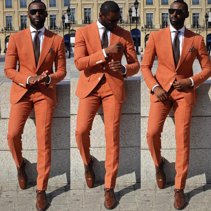Koscy Casual Orange Wedding Suit - Peaked Lapel for Groom and Groomsmen, New Arrivals