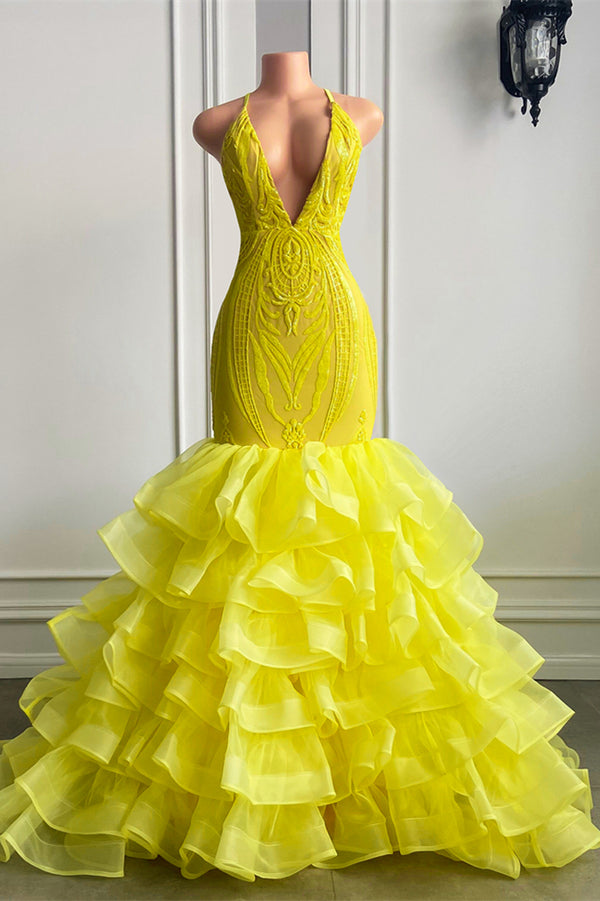 Bright Yellow V Neck Halter Mermaid Lace Prom Dress With Ruffle