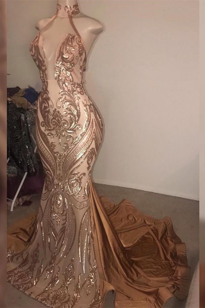 Sequins Mermaid Prom Dress with Elegant Halter V-Neck