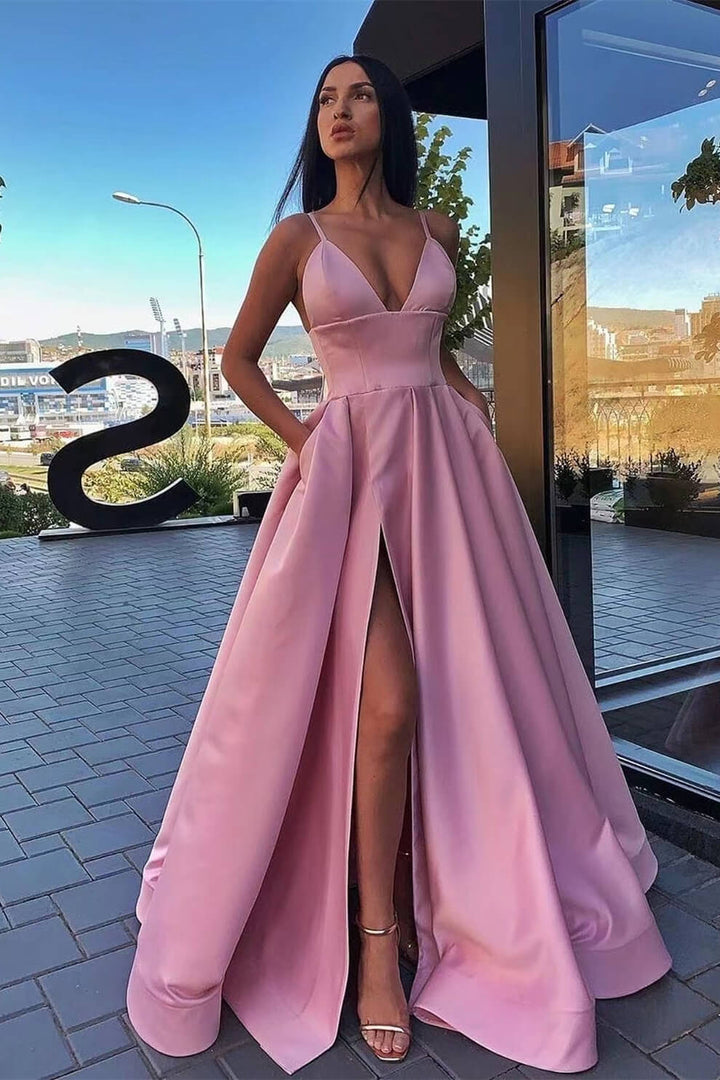 Elegant Spaghetti-Straps A-Line Evening Dress With Split Pockets