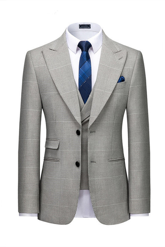 Koscy High-Quality Gray Tuxedo Suit with Peaked Lapel and Plaid for Prom