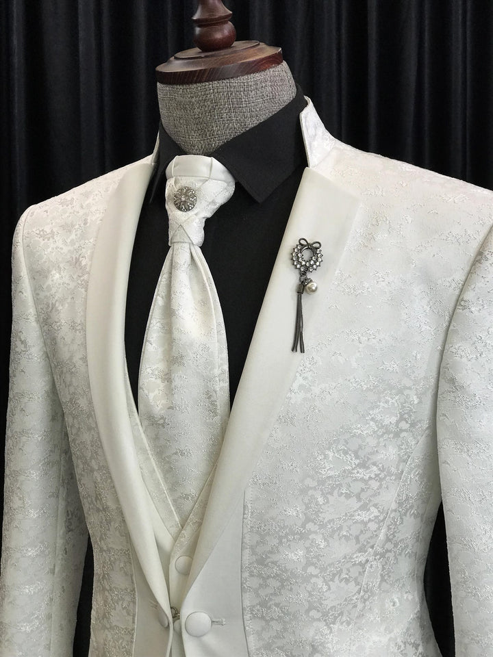 Koscy Christian White Jacquard Three-Piece Wedding Suit with Unique Lapel