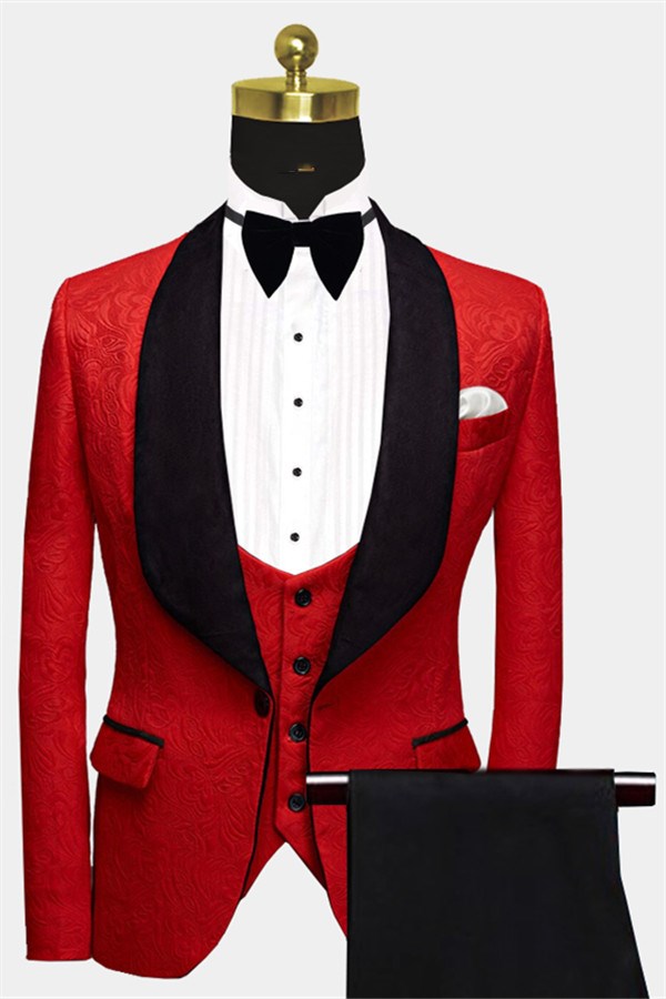 Koscy Red Floral Tuxedo - Black Lapel Three Pieces for Groom Prince Suit