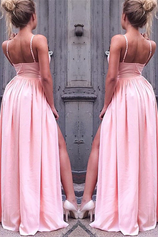 Pink Prom Dress With Slit Spaghetti Straps