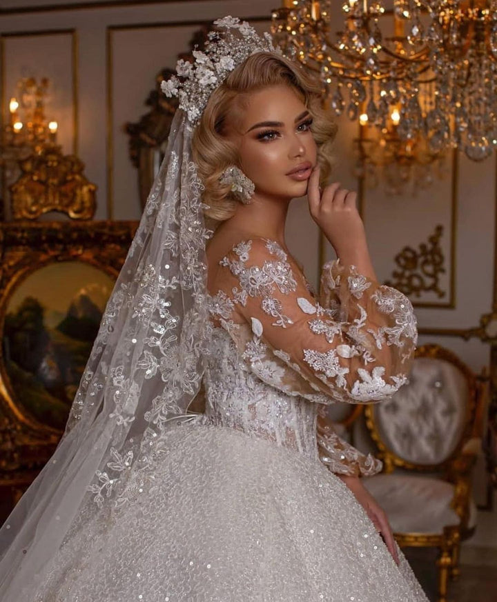 Bmbride Luxury Long Ball Gown Glitter Wedding Dress with Puffy Sleeves
