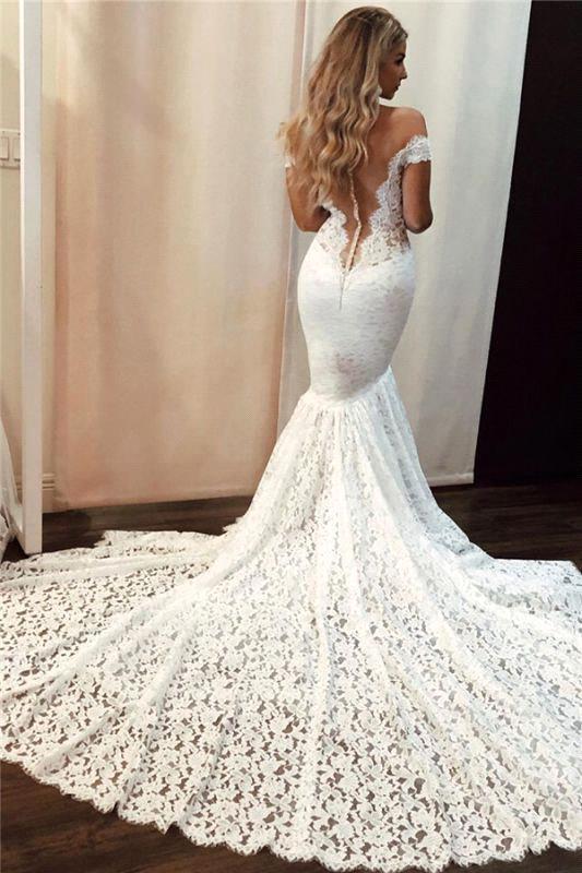 Bmbride Off the Shoulder Appliques Lace Floor-length Mermaid Wedding Dress