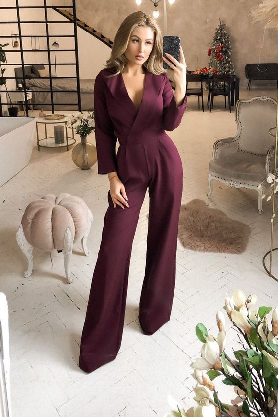 Koscy Elegant Grape V-Neck Lapel Long Jump Suit With Sleeves