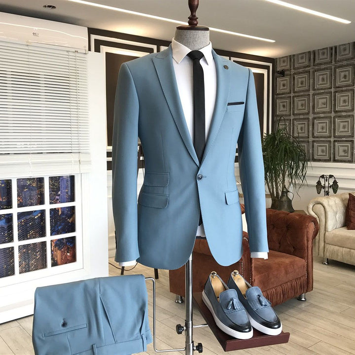 Koscy Sky Blue Affordable Peaked Lapel Wedding Suit with Three Flaps