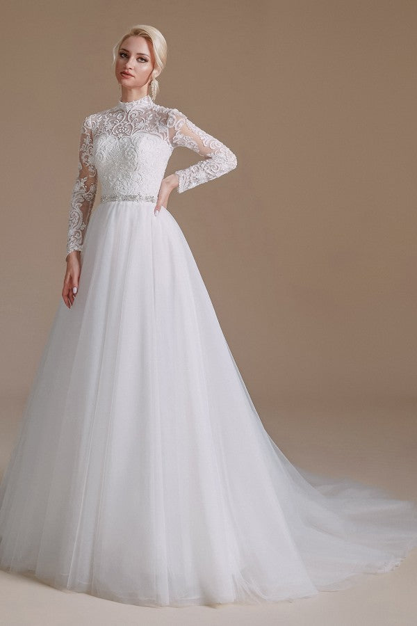 Bmbride A-line High Neck Long Sleeves Tulle Lace Wedding Dress