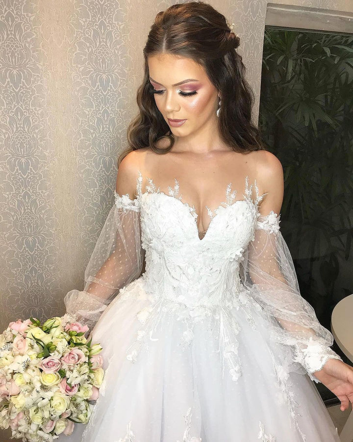 Bmbride Long Elegant Princess Off-the-Shoulder Tulle Wedding Dress with Bubble Sleeves