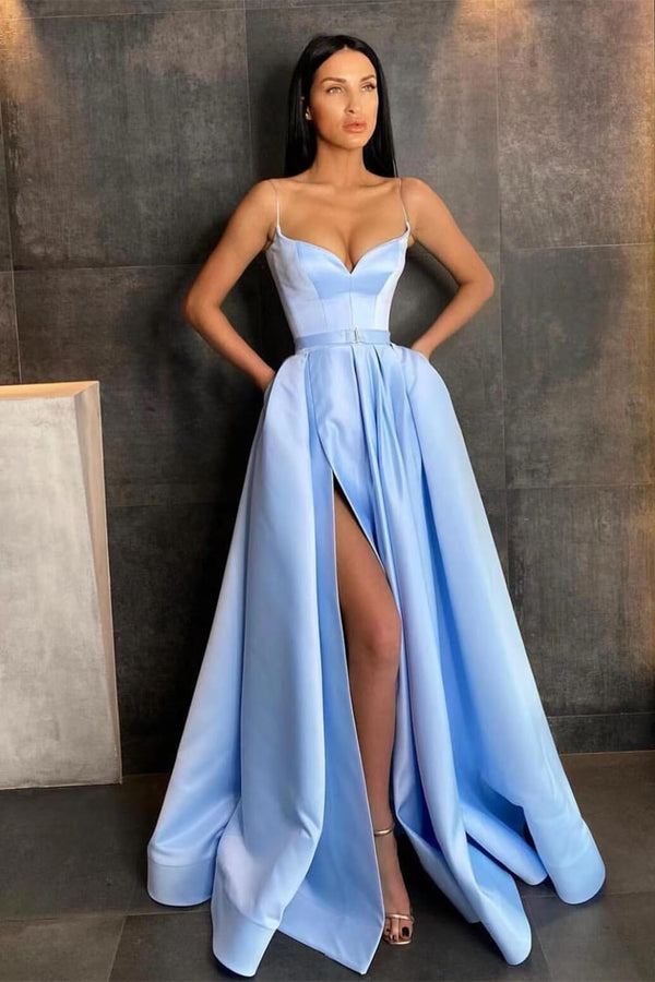 Sky Blue Spaghetti-Straps Prom Dress with A Line Silhouette and Split Pockets