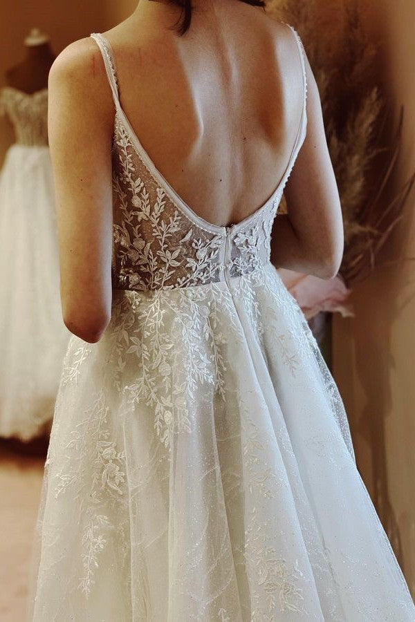 Bmbride White Boho Long A-line V-neck Tulle Lace Backless Wedding Dresses
