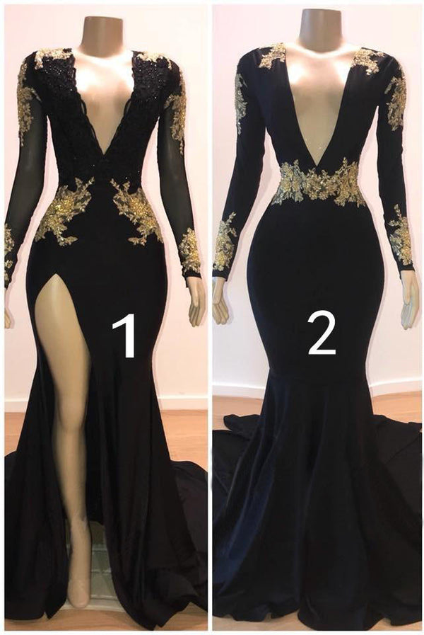 Black Prom Dress With Gold Appliques Long Sleeves