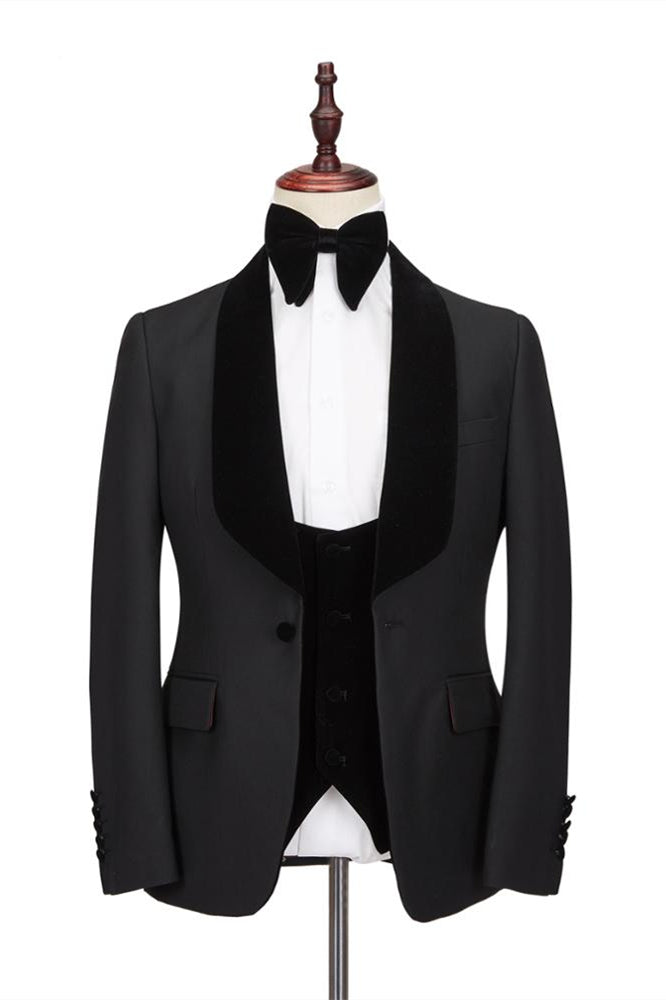 Koscy Classic Stitching Velvet Shawl Lapel Black One-Button Formal Wedding Tailcoats