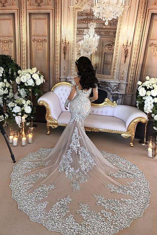 Bmbride Elegant Long Sleeves Tulle High Neck Appliques Wedding Dresses with Removable Overskirt