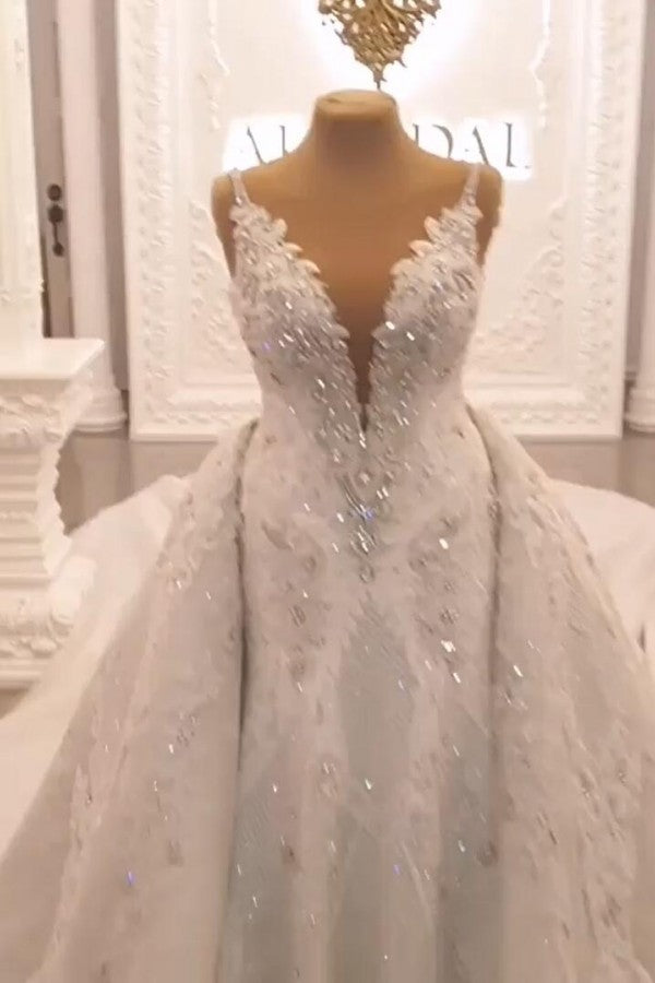 Bmbride Sweetheart Spaghetti Straps A-line Wedding Dress with Appliques Lace Crystal Backless